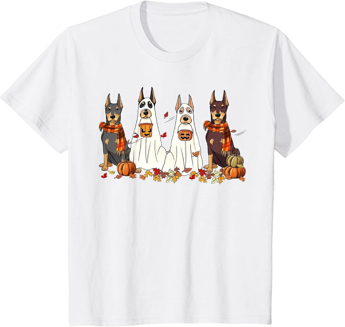 Funny Doberman Dog Ghost Fall Autumn Leaves Thanksgiving T-Shirt - White