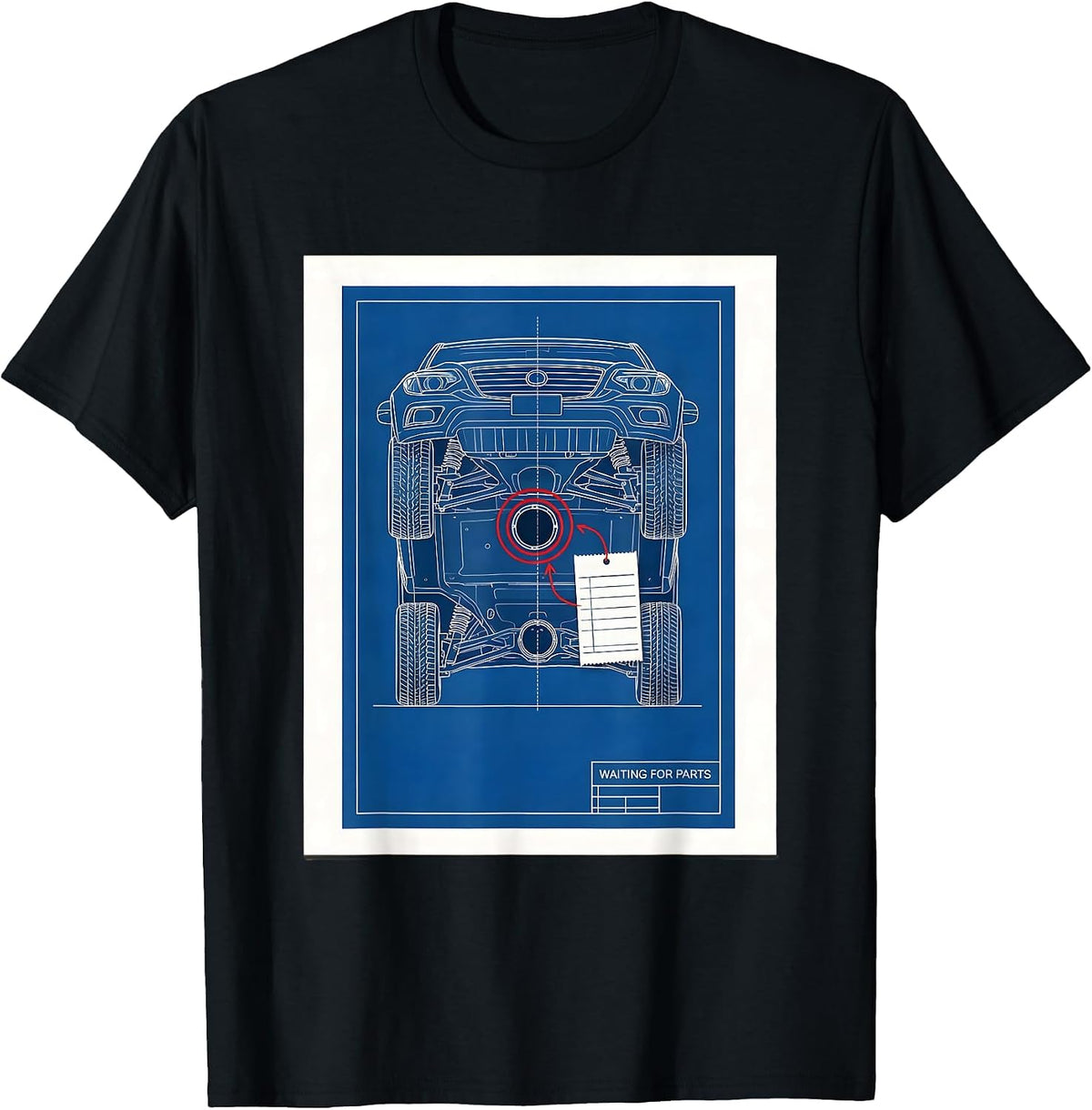 Men's Waiting For Parts Technical Blueprint Mechanic Skeleton Auto T-Shirt - Black
