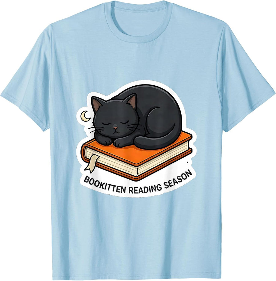 Men's Bookitten Reading Season Cute Teacher Book Lover Fall T-Shirt - Baby Blue