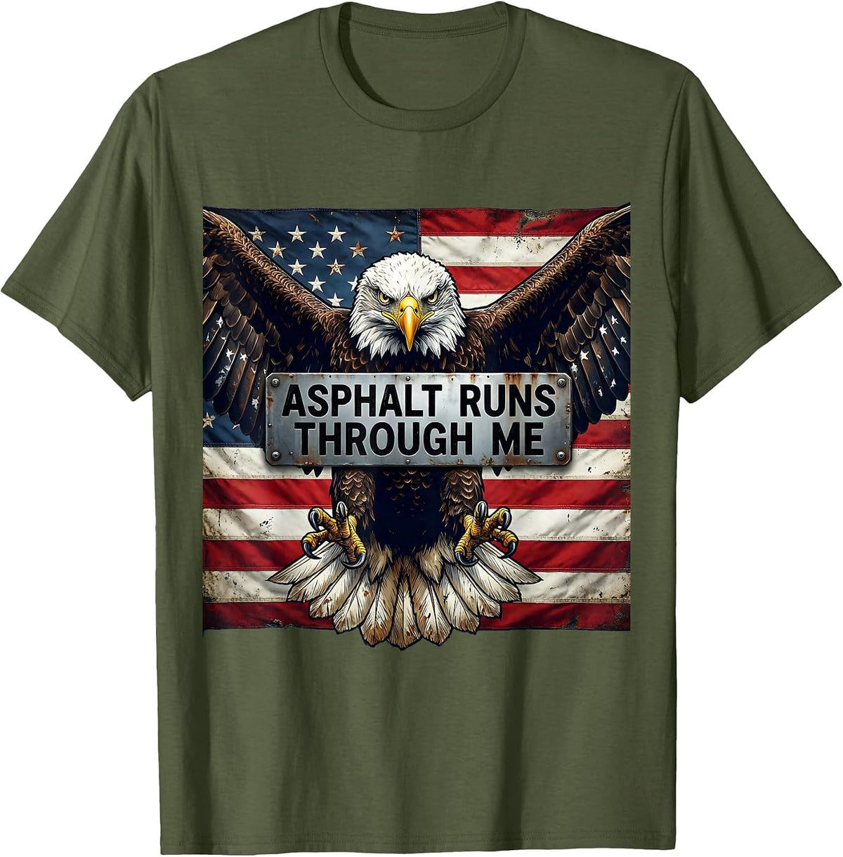Men's Asphalt Runs Through Me Biker Design T-Shirt - Olive Green