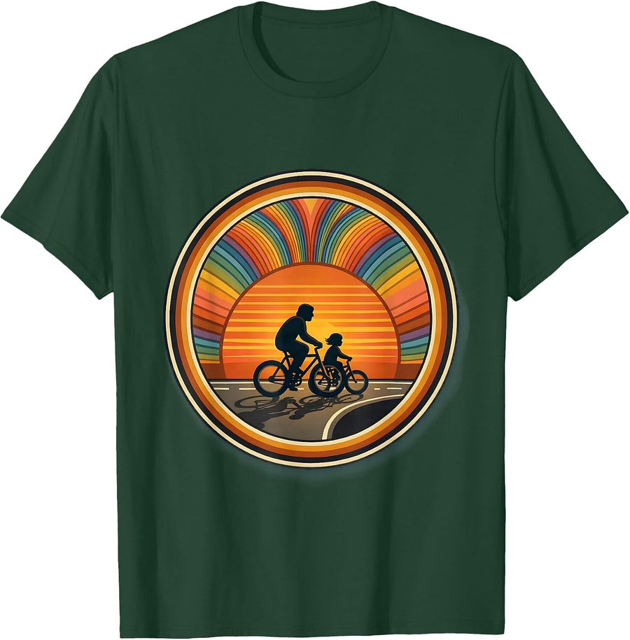 Men's Dad and Son Bicycle Ride Sunset Matching Design T-Shirt - Dark Green
