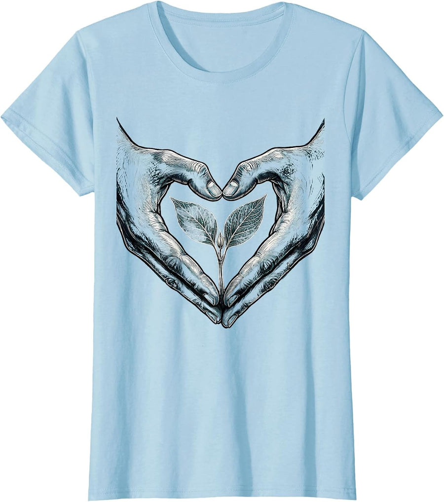 Women's Autism Awareness Hands Heart Seedling Design T-Shirt - Baby Blue