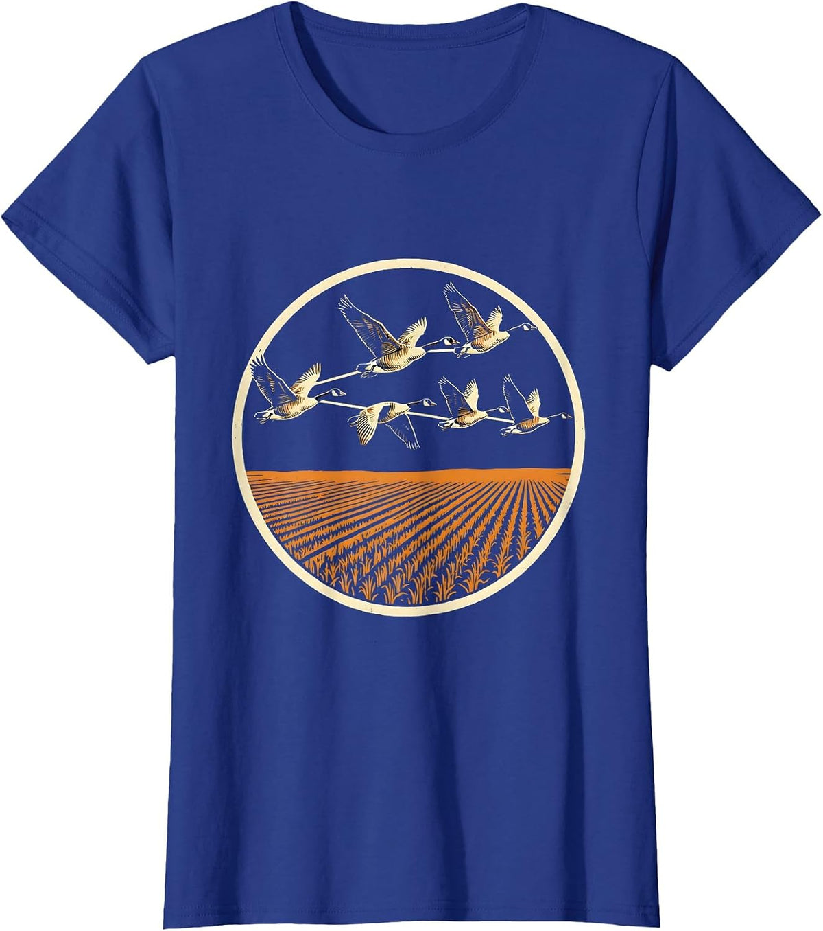 Women's Goose Flock Descending Over Harvested Cornfield T-Shirt - Royal Blue