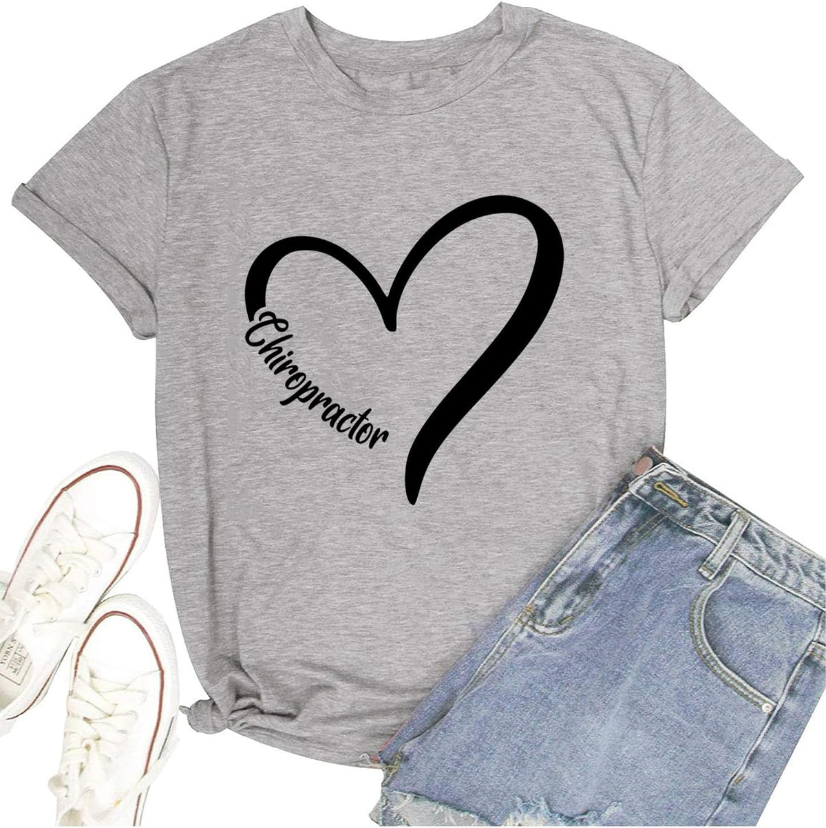 TSIIUO Women's Chiropractor Heart T-Shirt Funny Chiropractic Assistant Gift Chiropractor Casual Short Sleeve Tee Tops - Grey