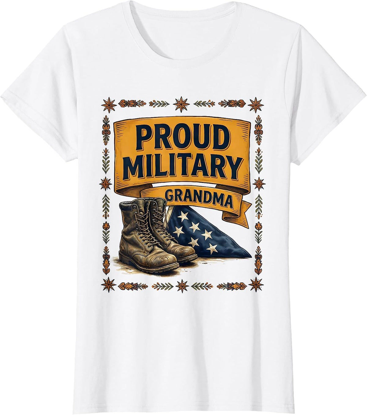 Proud Military Grandma Folk Art Veteran Family Pride T-Shirt - White