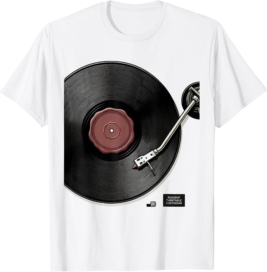 Men's Resident Turntable Custodian Vinyl Record Collector T-Shirt - White