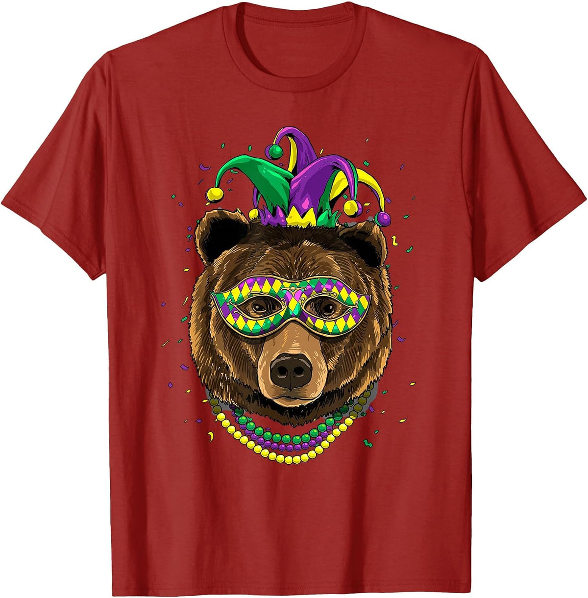 Bear Animal Lover Cute Mardi Gras Carnival Jester T-Shirt, Men, Cranberry Red, XX-Large - As Pictured