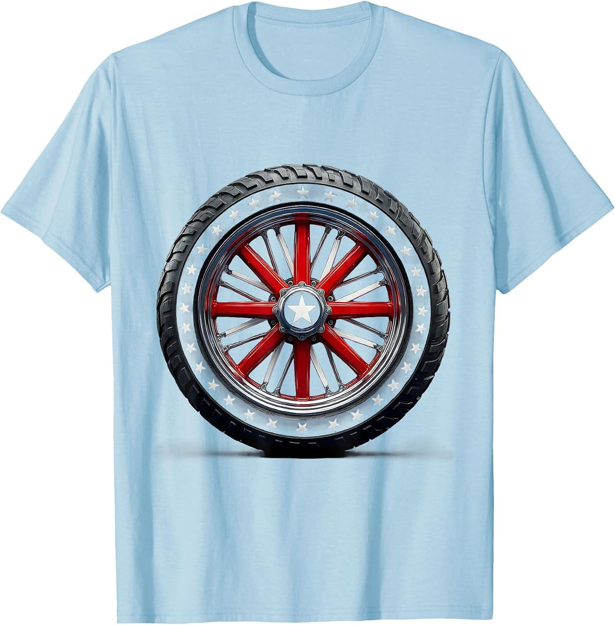 Men's American Flag Motorcycle Wheel Patriotic Design T-Shirt - Baby Blue