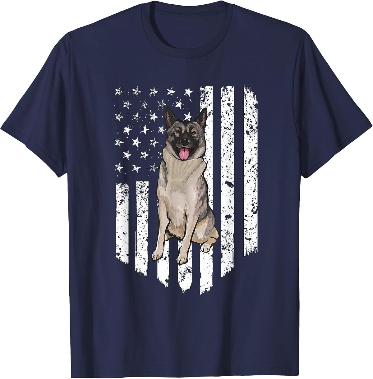 Black and White American Flag Norwegian Elkhound 4th of July USA T-Shirt - Navy Blue