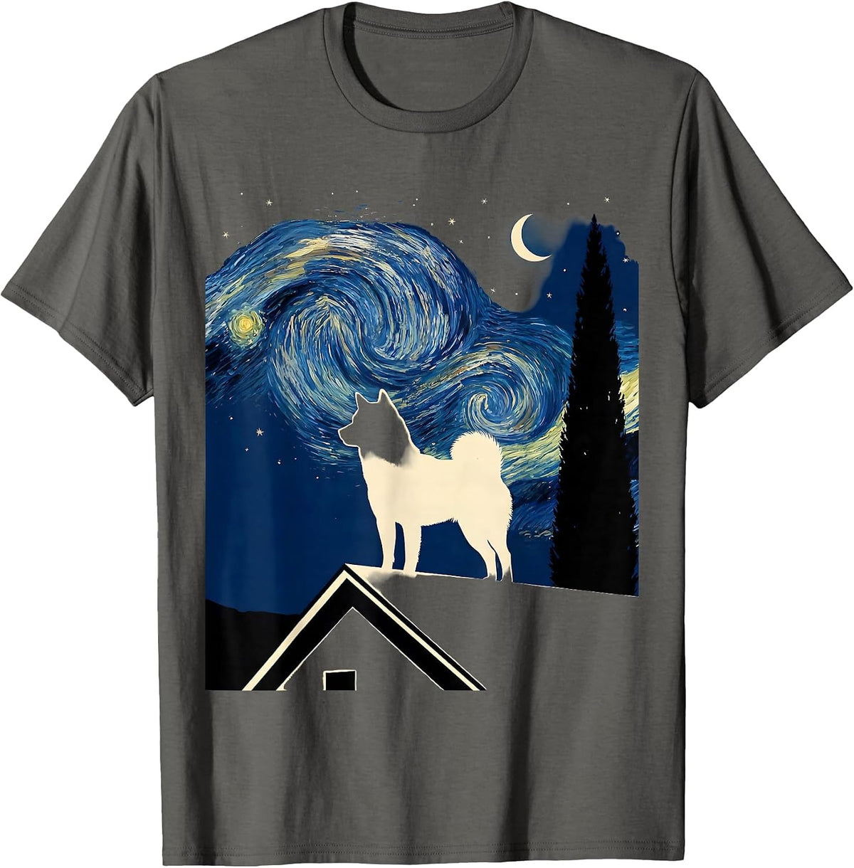 Shiba Inu Silhouette Van Gogh Starry Night Dog Lover Novelty T-Shirt - Asphalt Grey
