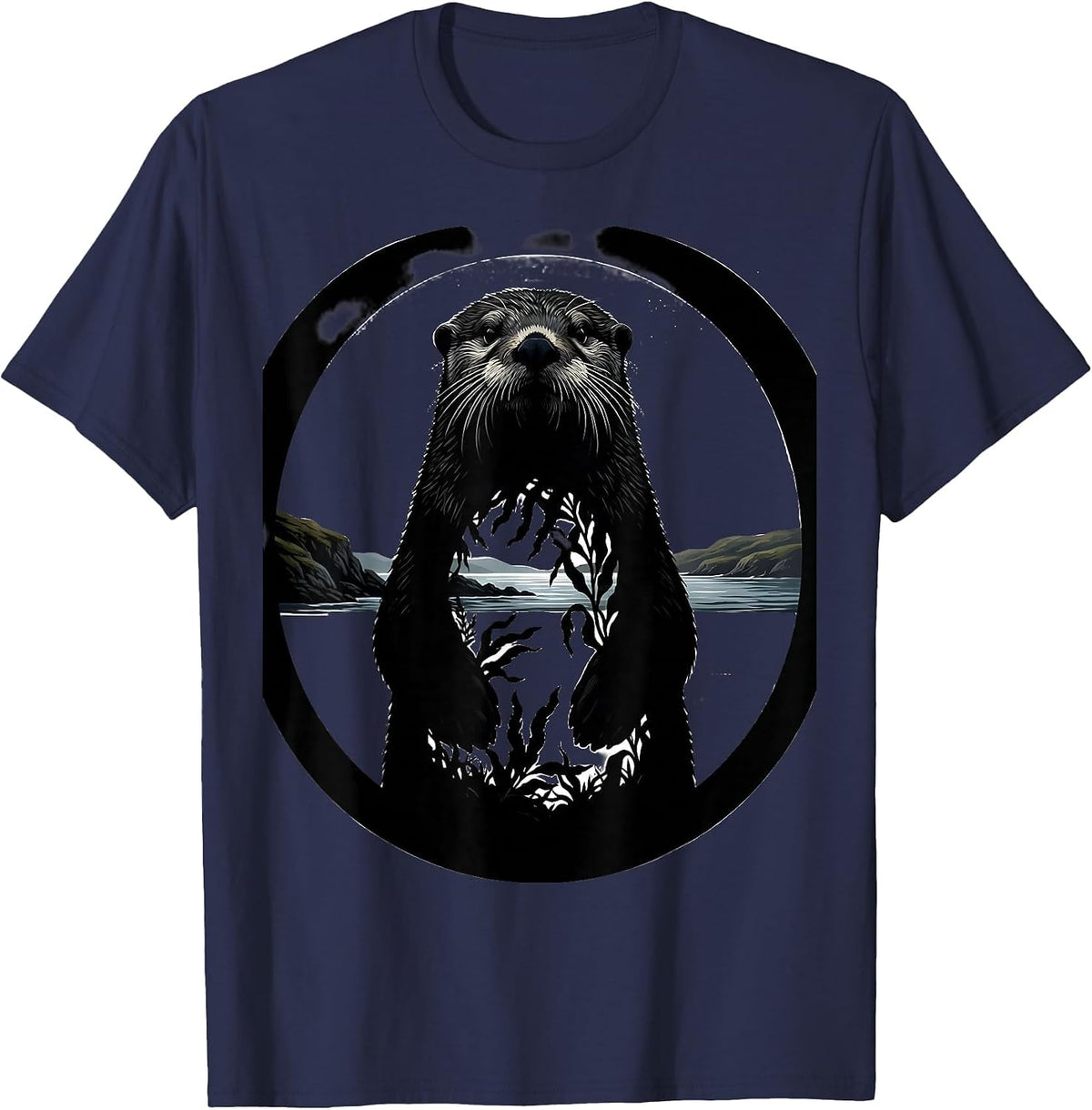 Men's Sealed Sea Otter Silhouette Forest Wildlife Portrait Art T-Shirt - Navy Blue
