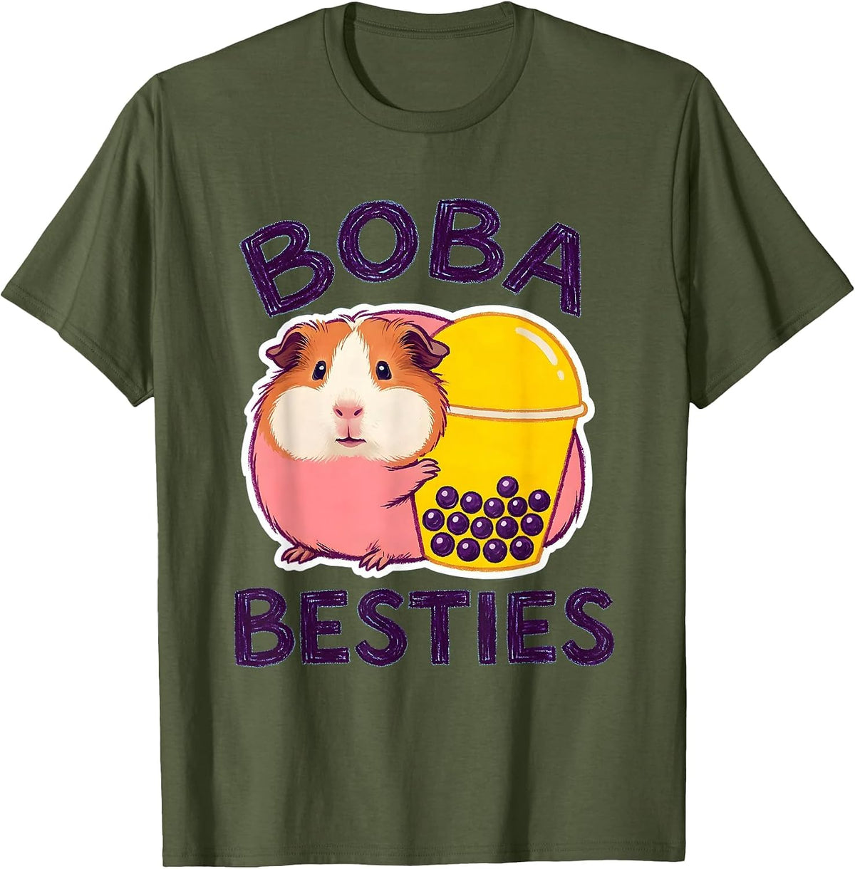 Men's Boba Besties Naive Kidcore Cute Kawaii Animal Boba Tea Lover T-Shirt - Olive Green