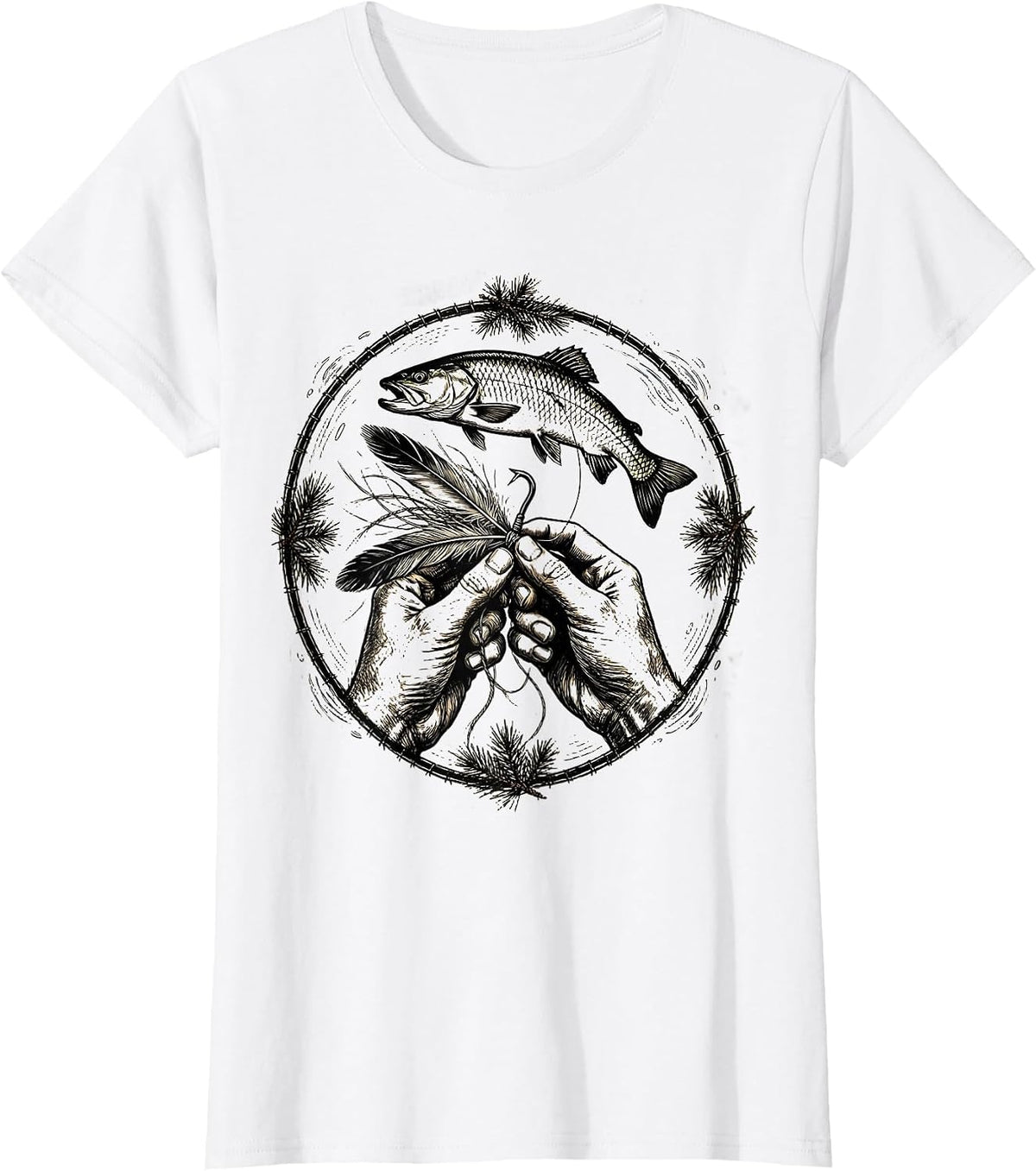 Fly Tying Weathered Hands Trout Fishing Illustration T-Shirt - White