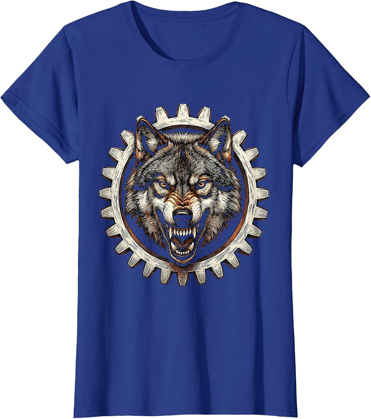 Women's Wolf Head Motorcycle Sprocket Gear Graphic T-Shirt - Royal Blue