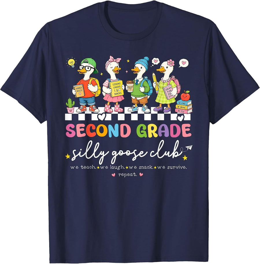 Back to School Second 2nd Grade Silly Goose Club Teacher Kid T-Shirt - Navy Blue