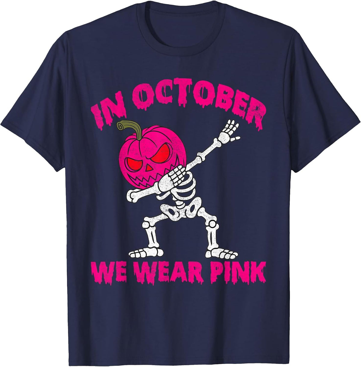 in October We Wear Pink Breast Cancer Pumpkin Halloween Boys T-Shirt - Navy Blue