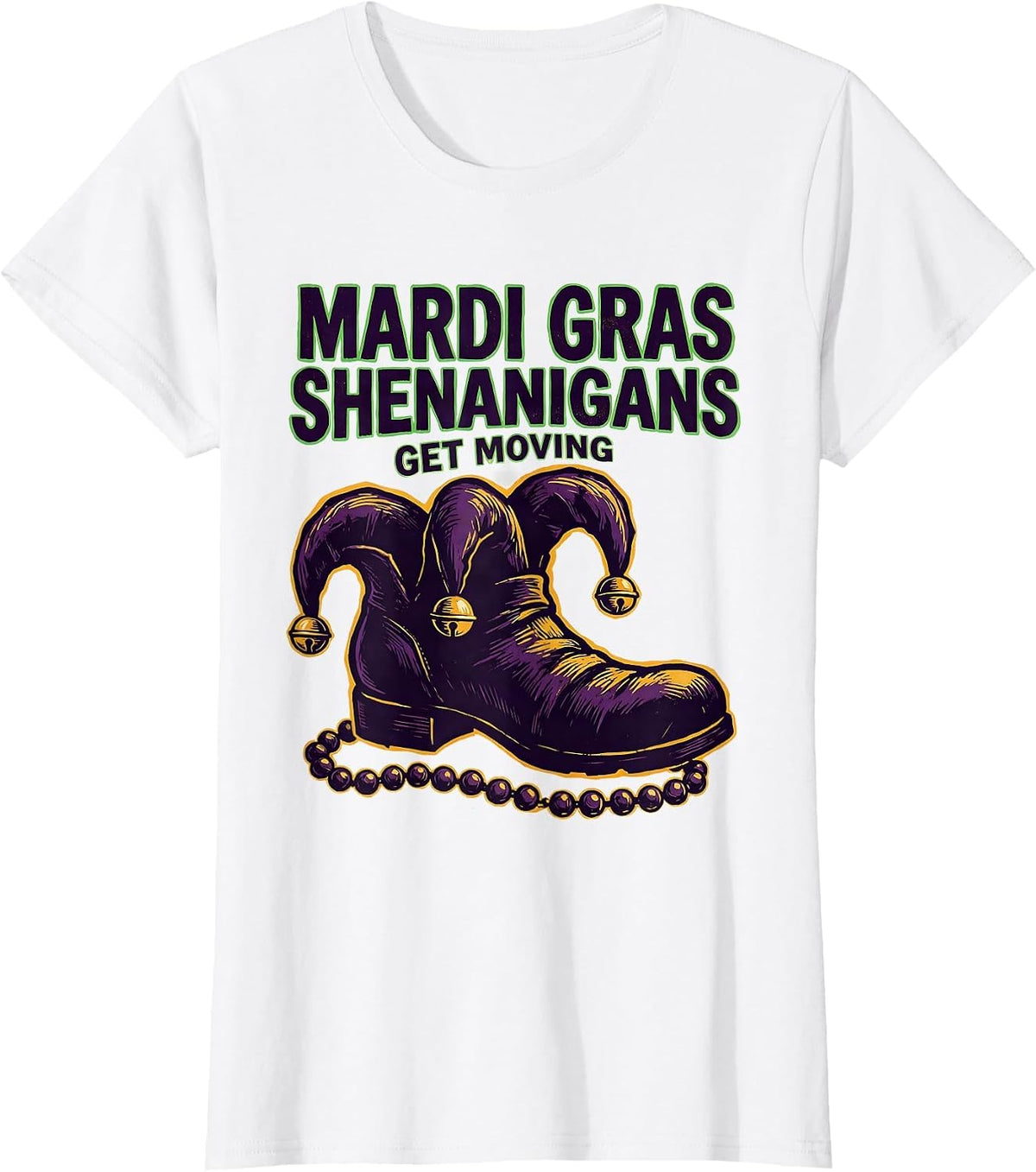 Mardi Gras Shenanigans Get Moving Linocut Carnival Party T-Shirt - White