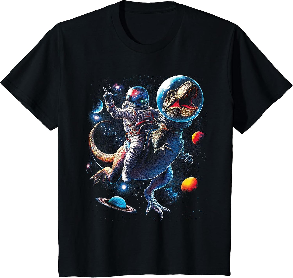 Astronaut Dinosaur T Rex Outer Space Science Galaxy Universe T-Shirt - Black