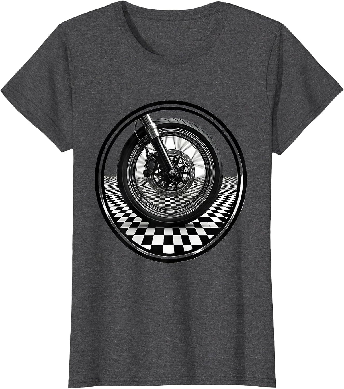 Women's Motorcycle Wheel Black White Checkered Graphic T-Shirt - Dark Heather Grey