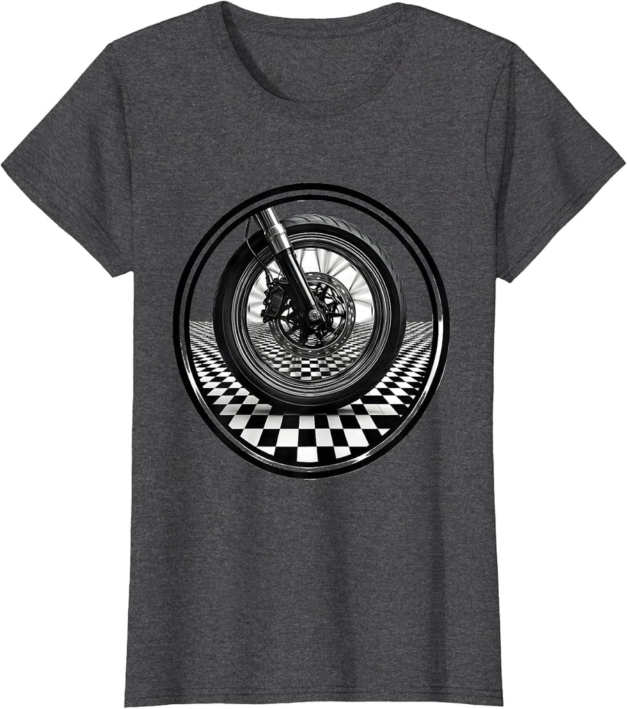 Women's Motorcycle Wheel Black White Checkered Graphic T-Shirt - Dark Heather Grey