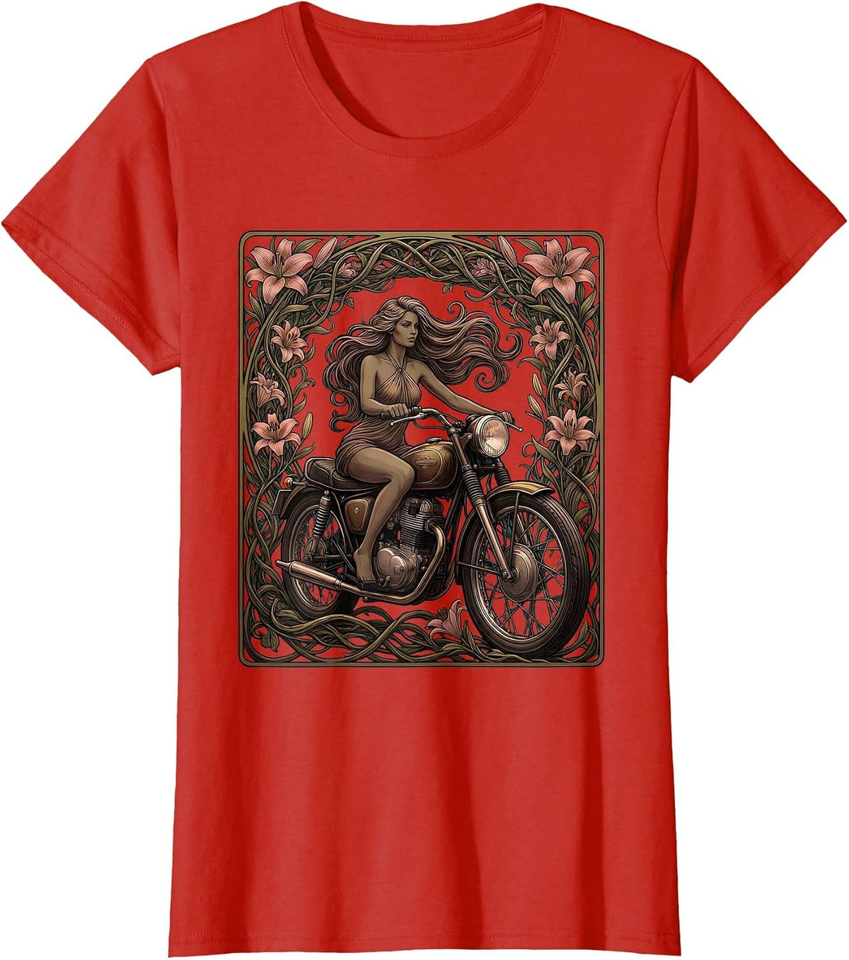 70s Biker Babe Halter Top Motorcycle Illustration T-Shirt - Red