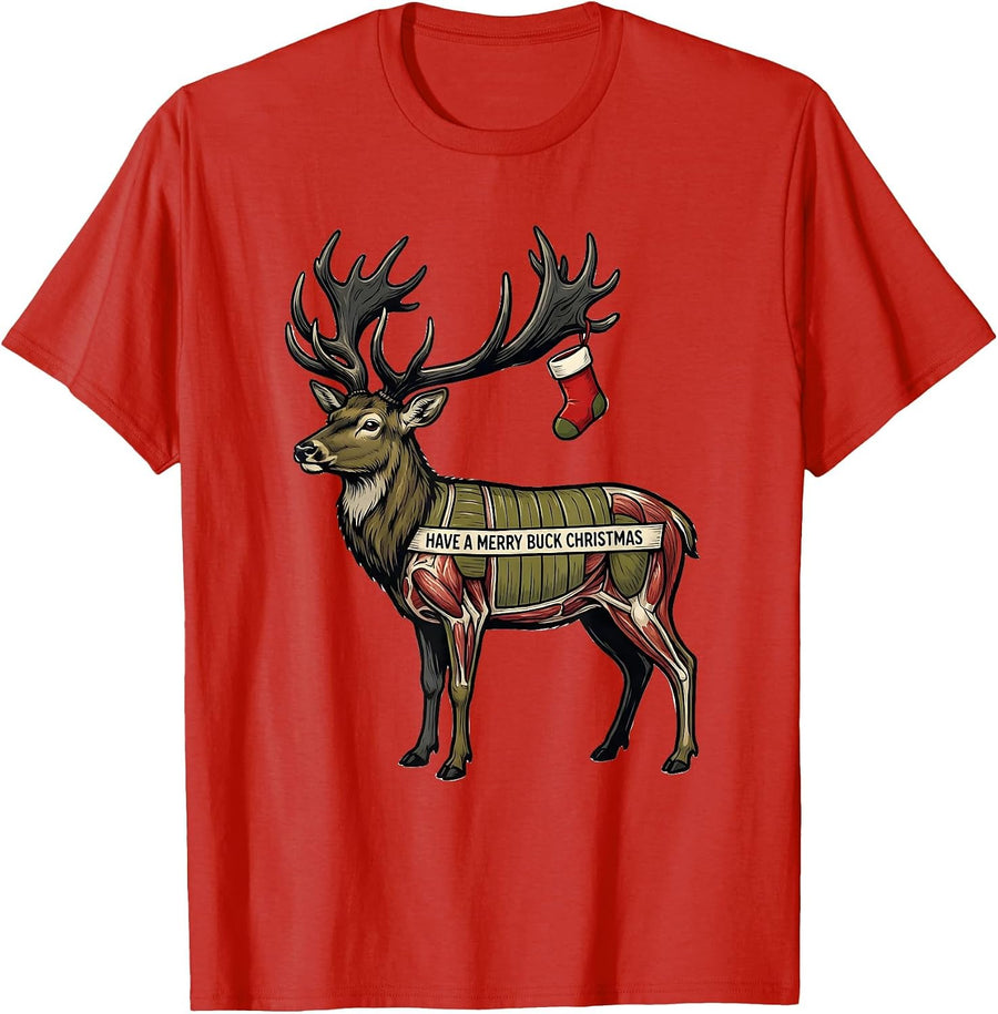 Men's Have a Merry Buck Christmas Funny Hunting Deer Meat Gift T-Shirt - Red