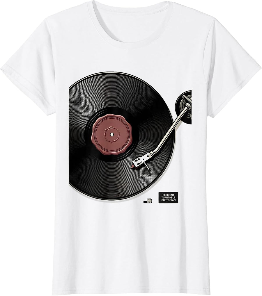 Women's Resident Turntable Custodian Vinyl Record Collector T-Shirt - White