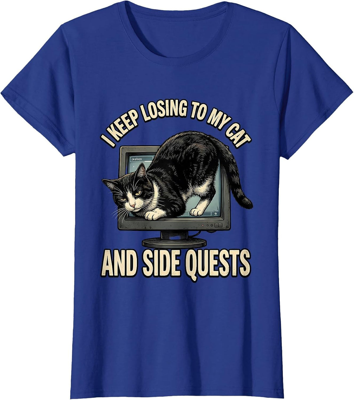 Women's I Keep Losing To My Cat And Side Quests Funny Gamer Cat T-Shirt - Royal Blue