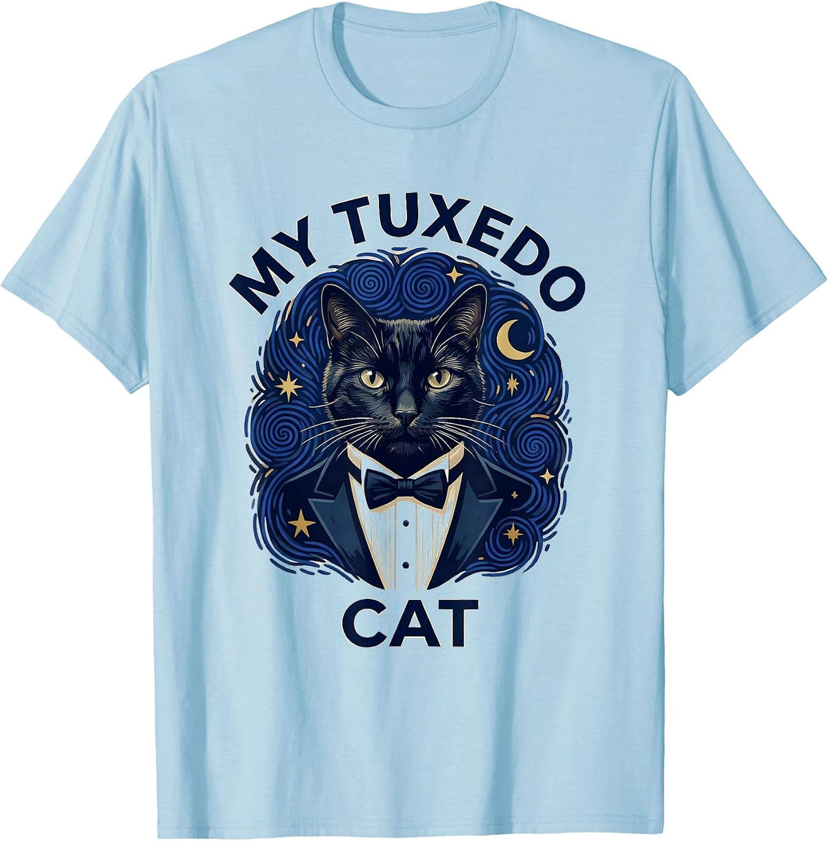 Men's My Tuxedo Cat Artistic Van Gogh Starry Night Pet Portrait T-Shirt - Baby Blue