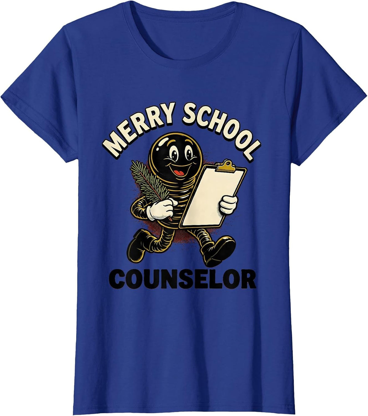 Women's Merry School Counselor Retro Cartoon Christmas Nice List T-Shirt - Royal Blue