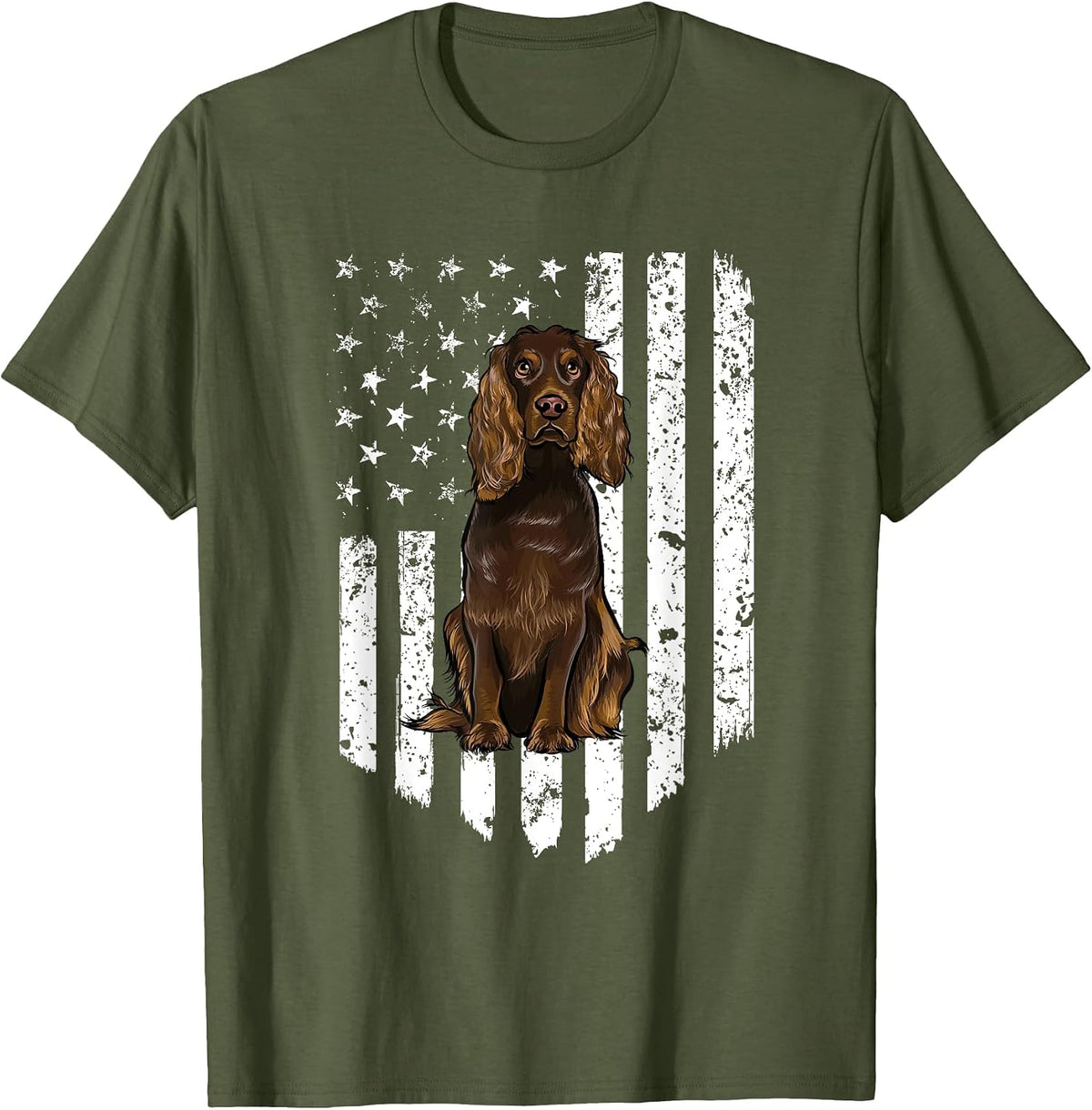 Black White American Flag Boykin Spaniel 4th of July USA T-Shirt - Olive Green