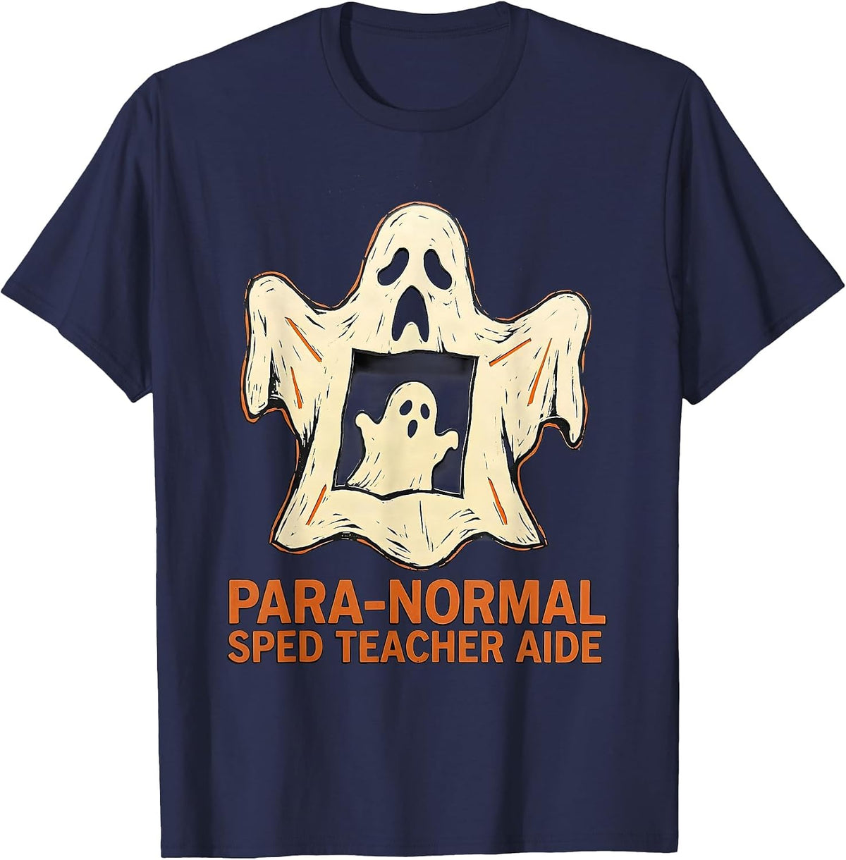 Men's Para-Normal SPED Teacher Aide Ghost Linocut Halloween T-Shirt - Navy Blue