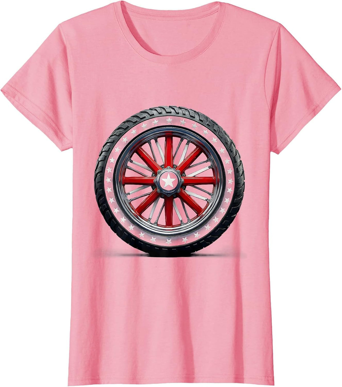 Women's American Flag Motorcycle Wheel Patriotic Design T-Shirt - Pink