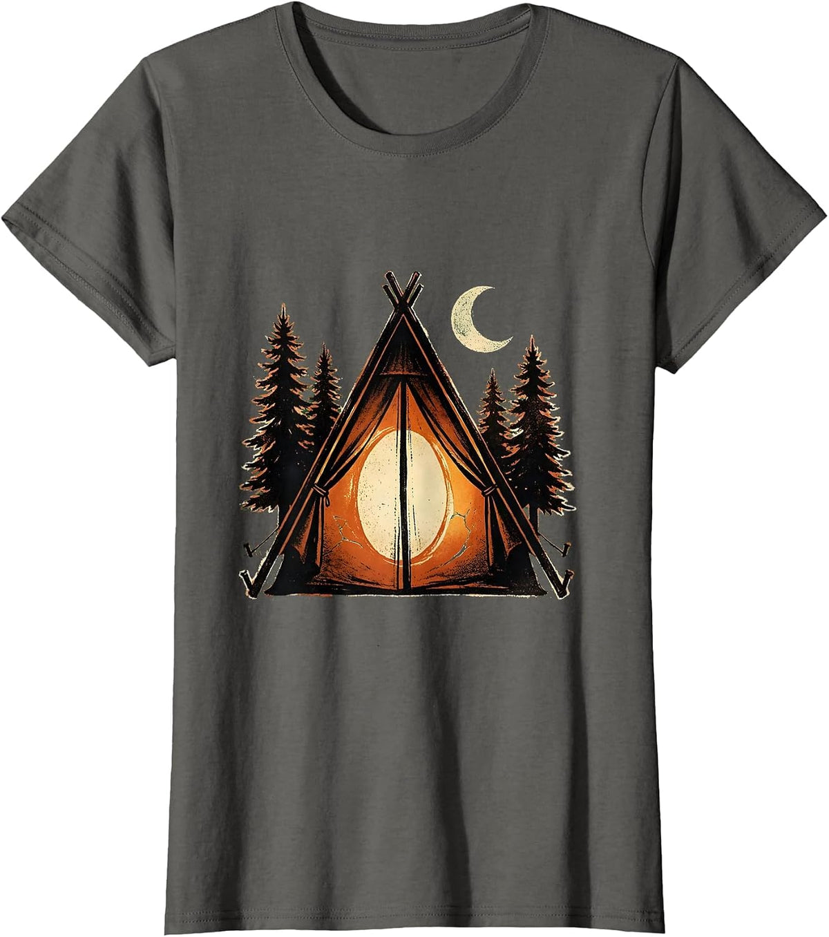 Women's Glowing Tent Camping Lantern Light Illustration T-Shirt - Asphalt Grey