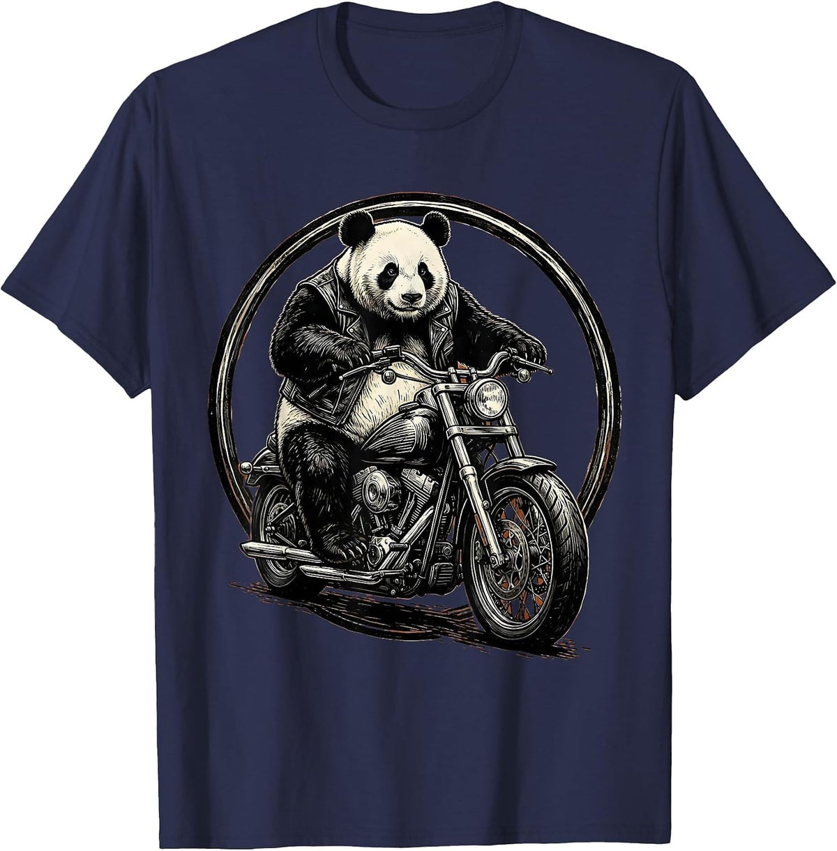 Panda Biker Riding a Chopper Motorcycle T-Shirt - Navy Blue