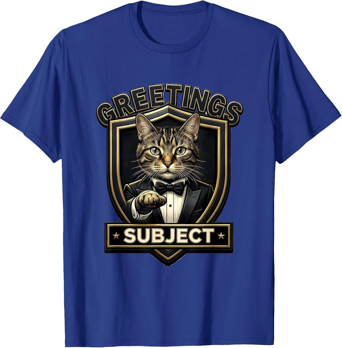 Men's Greetings, Subject Funny Cat Meme Bootleg Graphic T-Shirt - Royal Blue