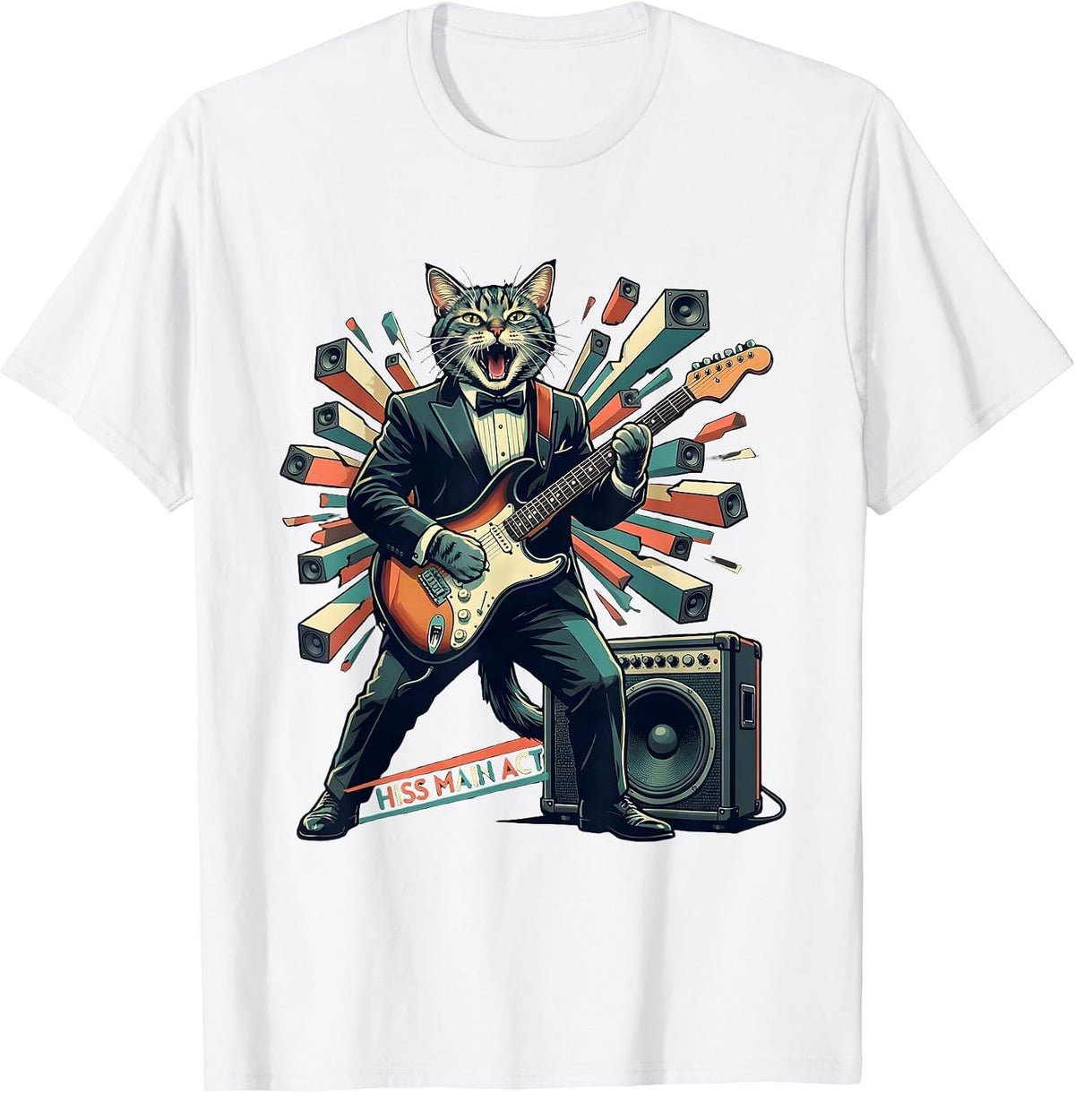 Men's Hiss Main Act Funny Cat Rock Guitarist Cat Lover Gift T-Shirt - White