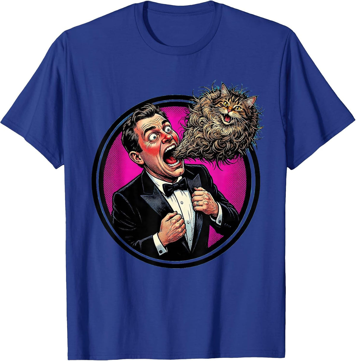 Men's Formal Cat Hairball Funny Feline Tuxedo Design T-Shirt - Royal Blue