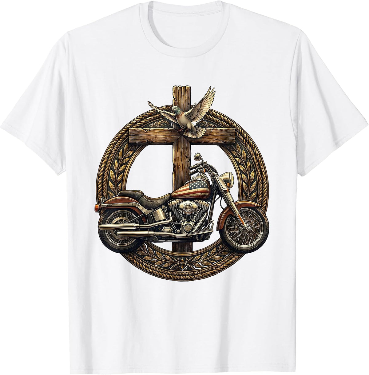 Men's Patriotic Vintage Motorcycle Flag Tank Illustration T-Shirt - White