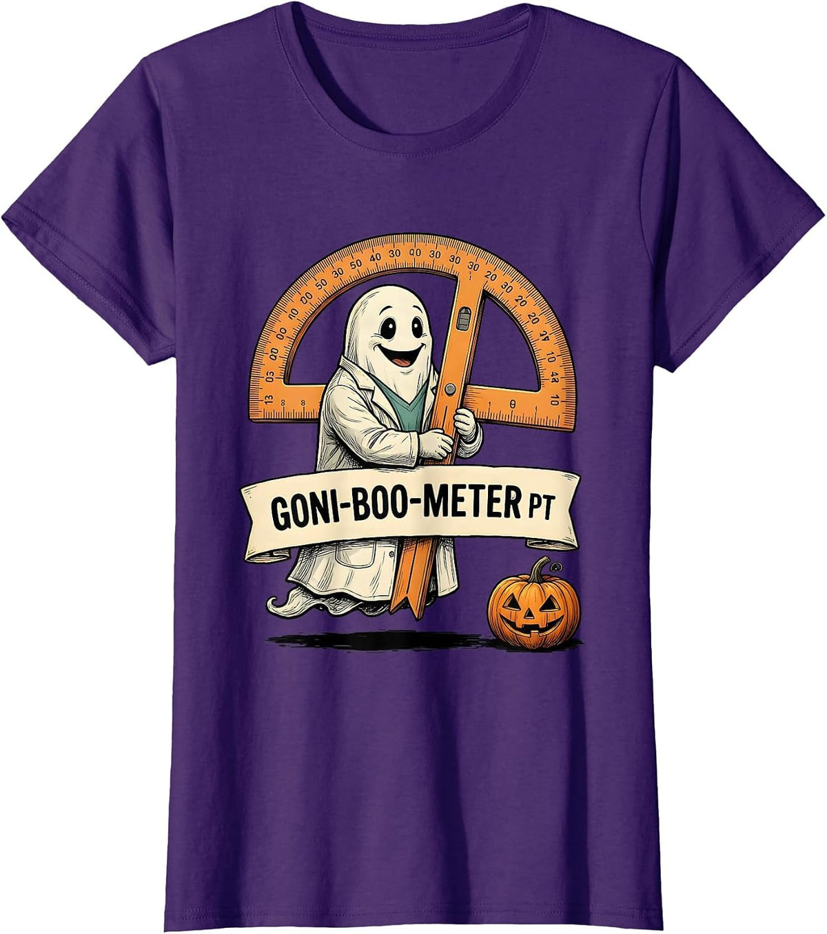 Women's Goni-BOO-meter PT Funny Physical Therapy Halloween Ghost T-Shirt - Purple