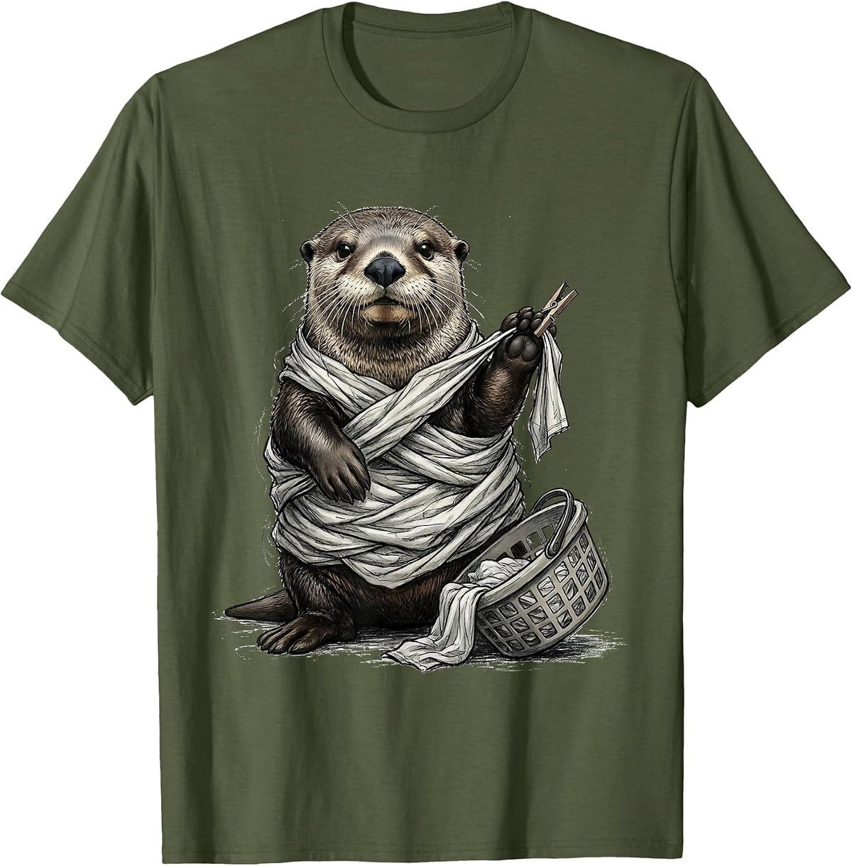 Tangled Sea Otter Hand-Sketched Funny Otter Lover Gift T-Shirt - Olive Green