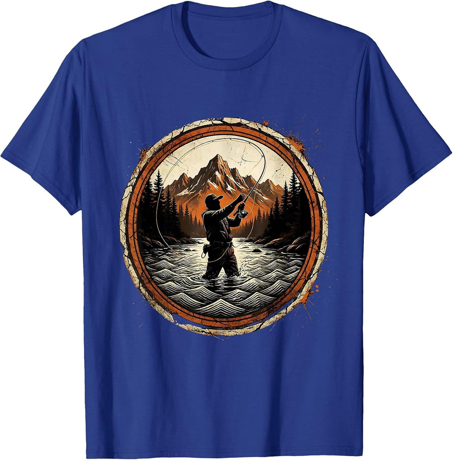 Fly Fishing Mountain River Graphic Design T-Shirt - Royal Blue