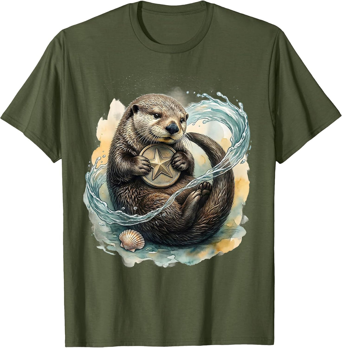 Curled Sea Otter Star Hug Watercolor Otter Lover Gift T-Shirt - Olive Green