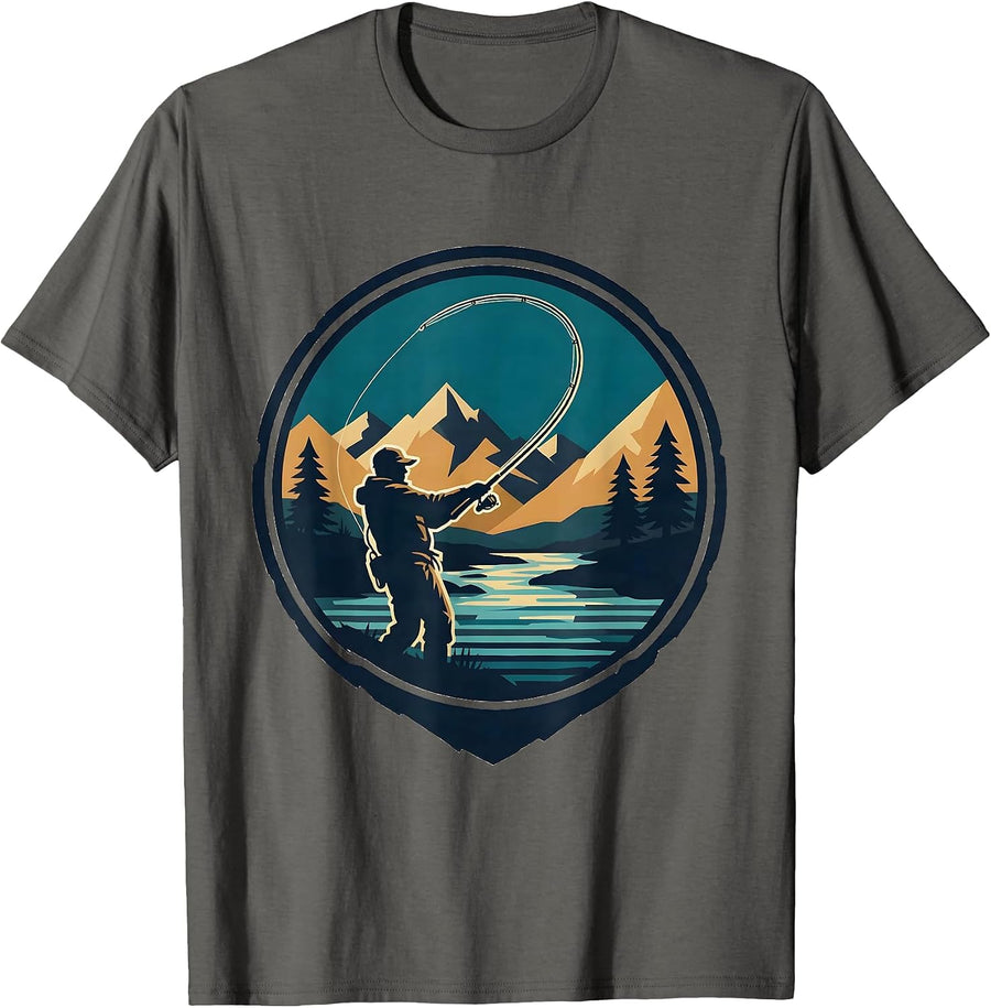 Fly Fishing Cast Loop Over Mountain Stream T-Shirt - Asphalt Grey