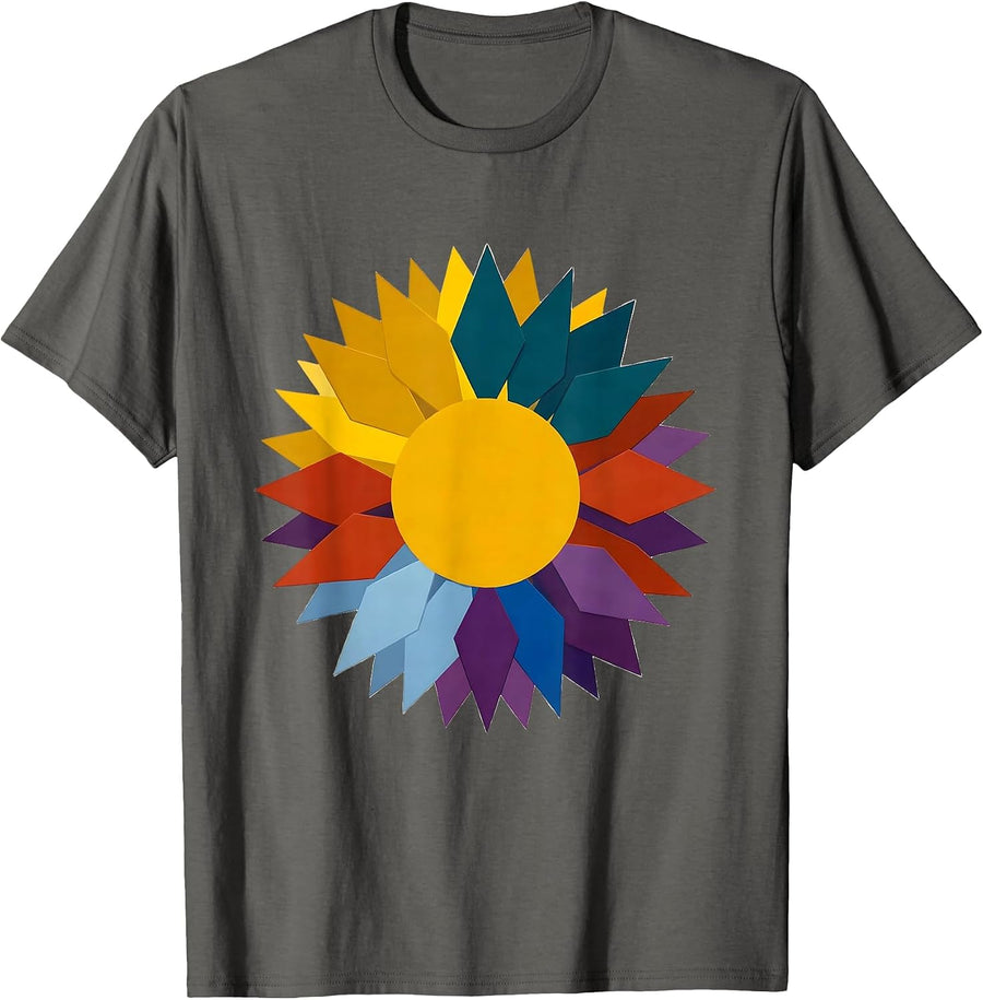 Autism Awareness Sunflower Geometric Petals Design T-Shirt - Asphalt Grey