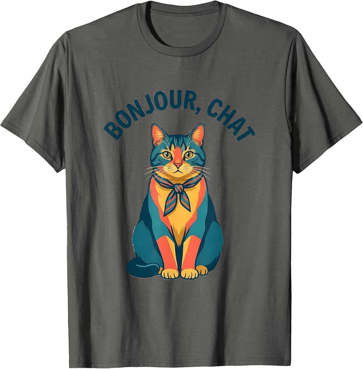 Men's Bonjour, Chat Funny Francophile Cat Owner French Teacher T-Shirt - Asphalt Grey
