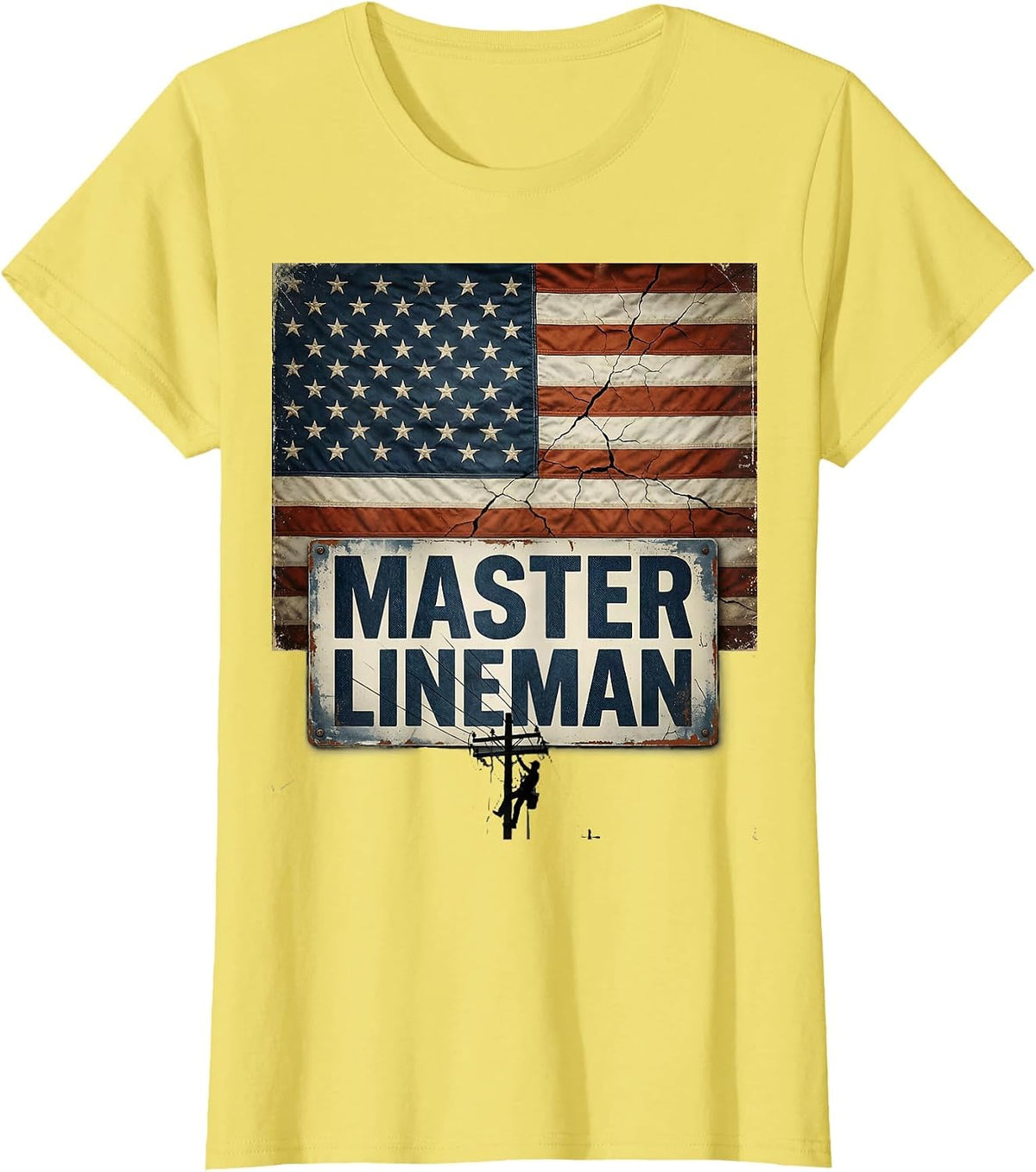 Master Lineman Distressed American Flag Lineman Workwear T-Shirt - Lemon Yellow