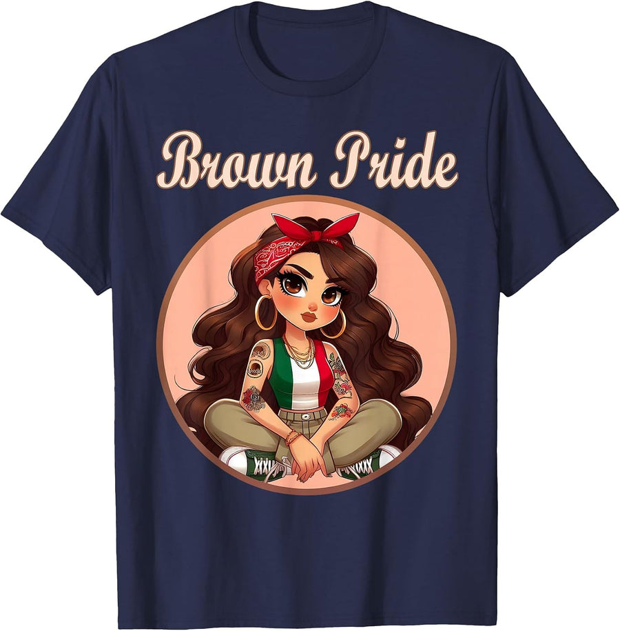 Brown Pride Chicana Chola Chibi Girl Hispanic Heritage Month T-Shirt - Navy Blue