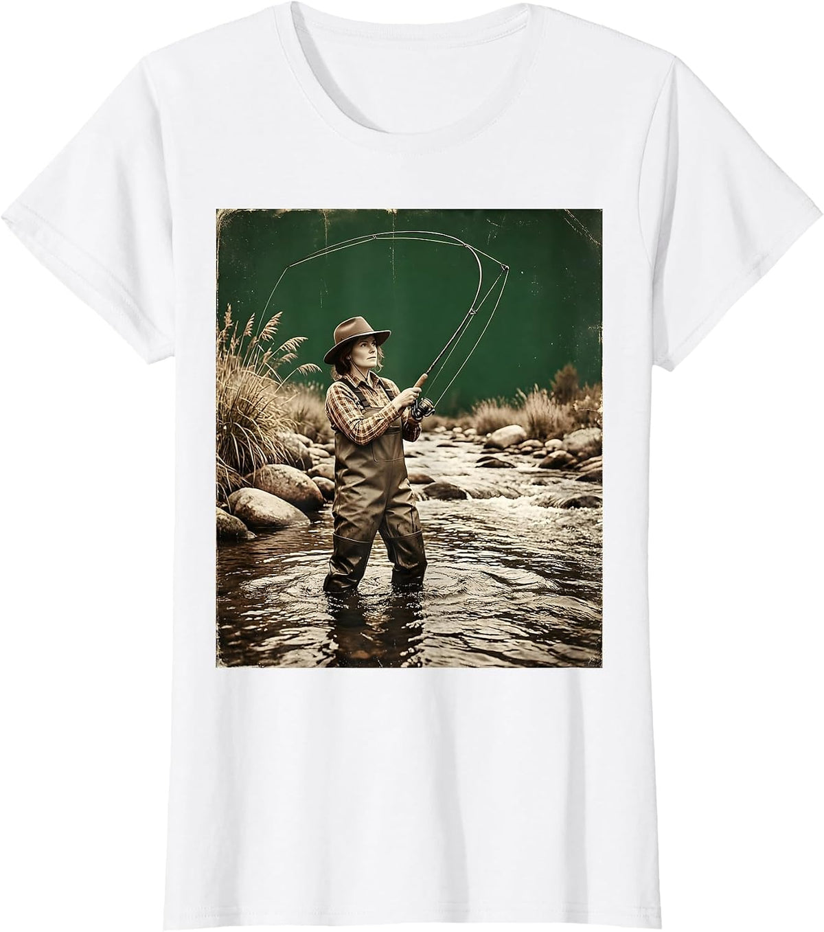 Fly Fishing Wading in Stream Graphic Design T-Shirt - White