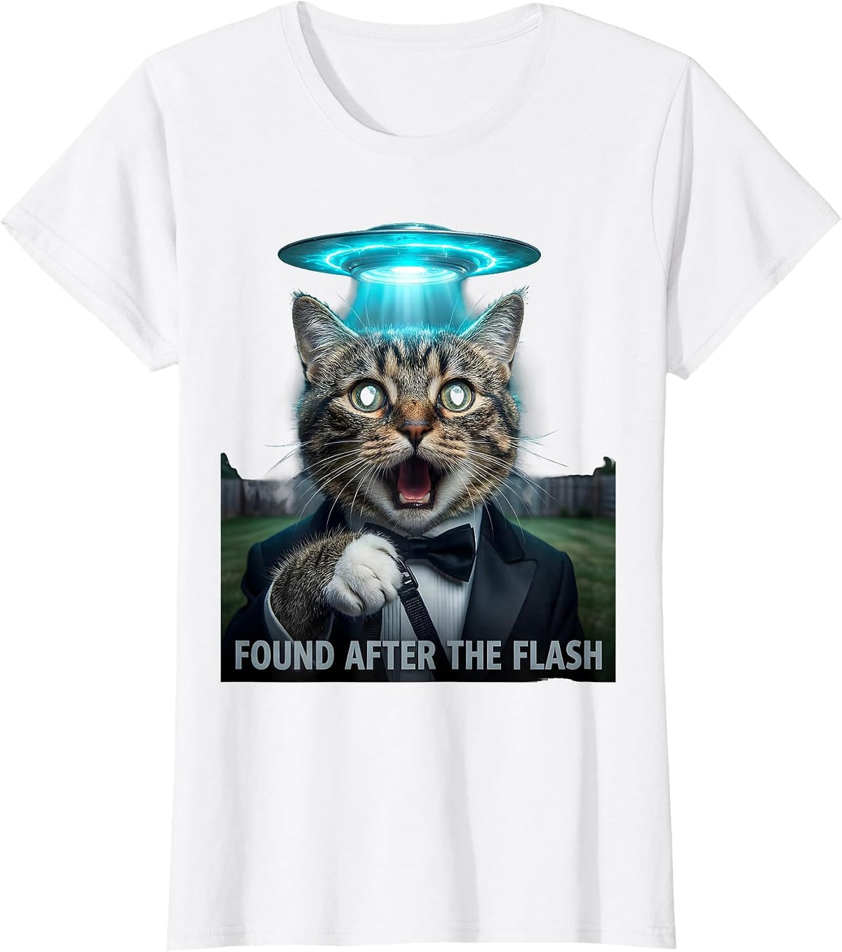 Found After The Flash Photorealistic Cat UFO Abduction T-Shirt - White